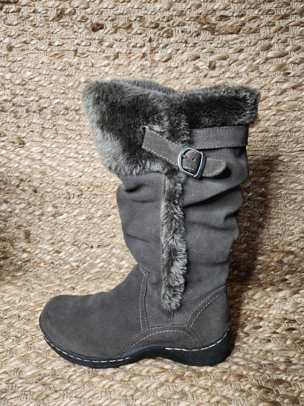 BARETRAPS Emilse Gray Suede Leather Winter Boots Faux Fur Lining Zips Women 8 M